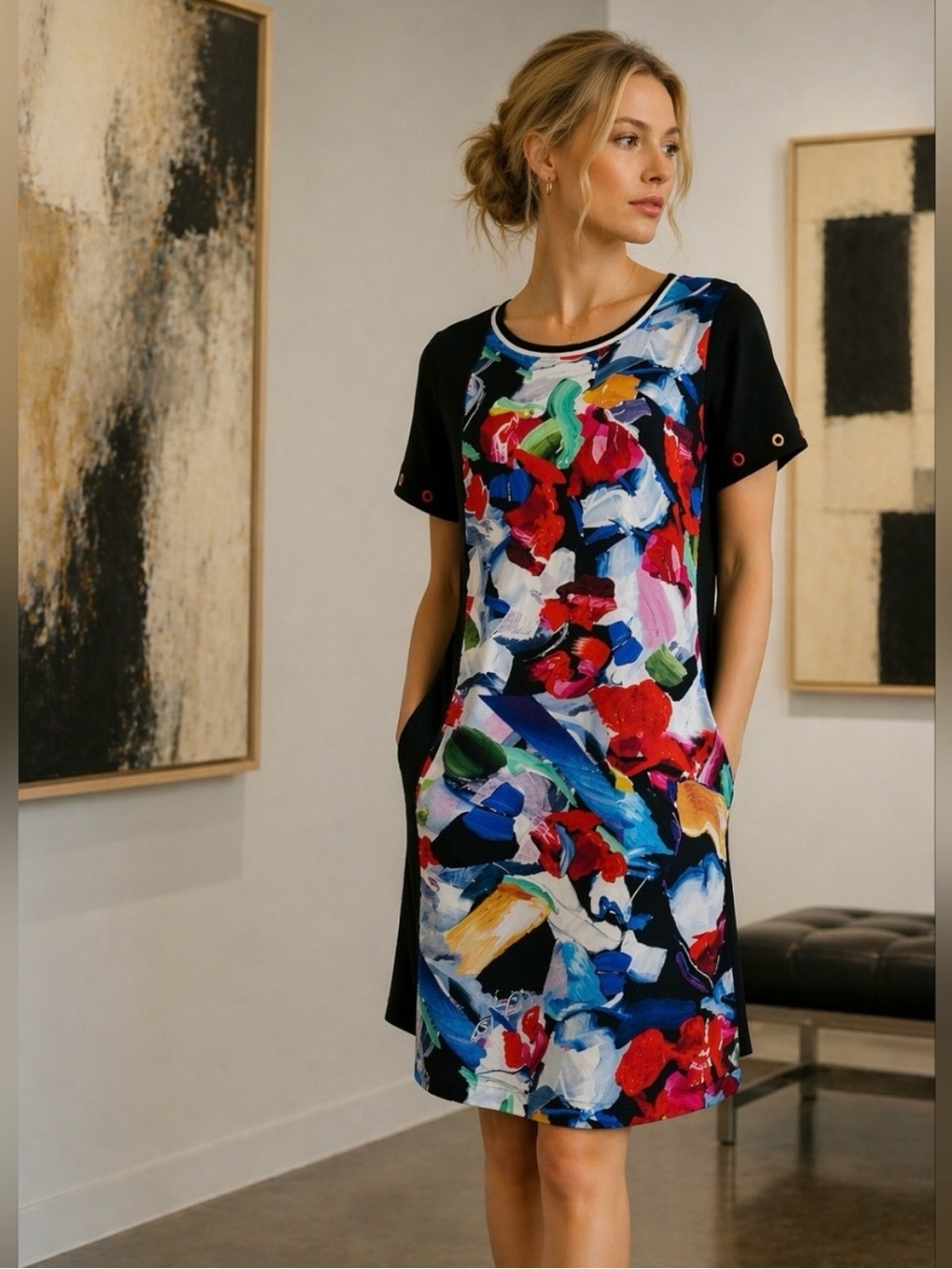 Vibrant Art Dolcezza Abstract Print Shift Dress with Black Accents